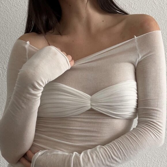 Women's Long Sleeve Crop Top Mesh Ruched Slim Fit Off Shoulder Y2K Style - Picture 4 of 9